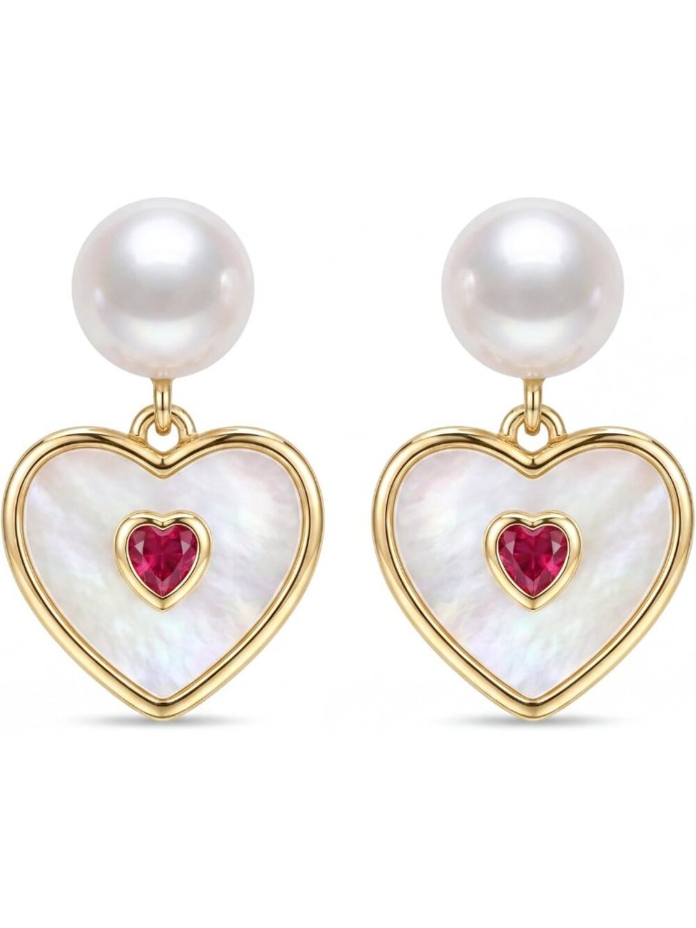 Elegant Gold Heart Drop Earrings, Natural Freshwater Pearl & Red Crystal, Dangle